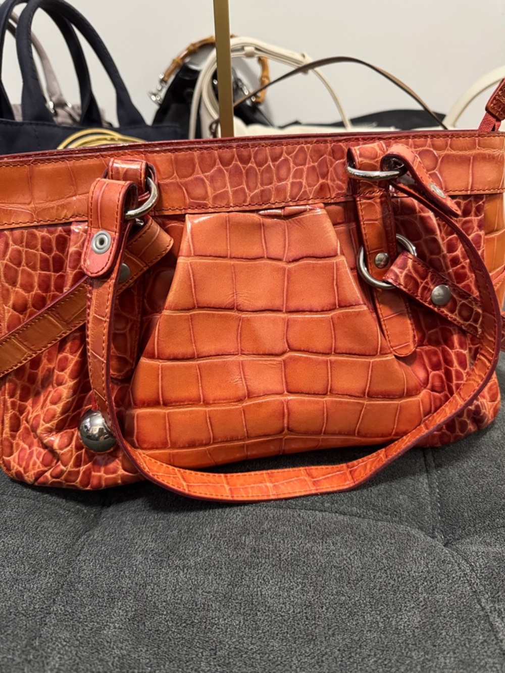 Furla Orange Croc-Embossed Leather Shoulder Bag